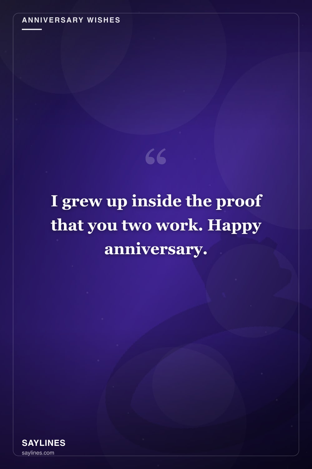 Anniversary Wishes for Your Parents — free HD card from Saylines reading: I grew up inside the proof that you two work. Happy anniversary.