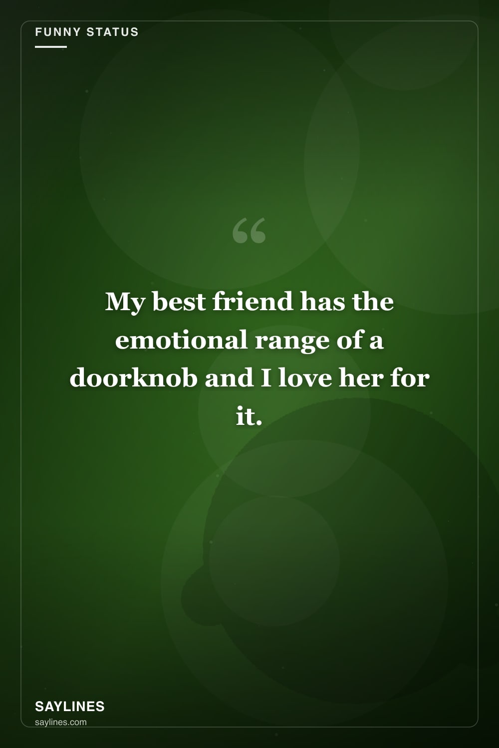 Funny Status Lines About Your Best Friend — free HD card from Saylines reading: My best friend has the emotional range of a doorknob and I love her for it.